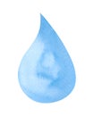 A blue drop of water isolated on a white background. Watercolor illustration of the spot, hand-drawn.