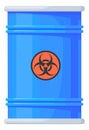 Blue drum barrel with biohazard sign. Toxic chemical waste