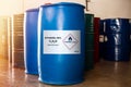 Blue drum size 160 kg of ethanol 95 percentage with the label of flammable liquid show caution for use. In addition, has a