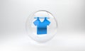 Blue Drying clothes icon isolated on grey background. Clean shirt. Wash clothes on a rope with clothespins. Clothing