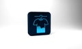 Blue Drying clothes icon isolated on grey background. Clean shirt. Wash clothes on a rope with clothespins. Clothing