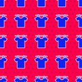 Blue Drying clothes icon isolated seamless pattern on red background. Clean shirt. Wash clothes on a rope with