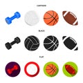 Blue dumbbell, white soccer ball, basketball, rugby ball. Sport set collection icons in cartoon,black,flat style vector Royalty Free Stock Photo