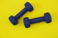 Blue dumbbells isolated on a yellow background. The concept of fitness, gym and healthy lifestyle. Top view. Flat lay. Copy space Royalty Free Stock Photo