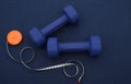 Blue dumbbells with tape measure on a blue background. The concept of fitness, gym and healthy lifestyle. Fighting overweight. Royalty Free Stock Photo
