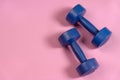 Blue dumbells on the pink Royalty Free Stock Photo