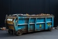 A blue dumpster, constructed from durable iron, facilitates the transport of waste