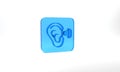 Blue Earplugs and ear icon isolated on grey background. Ear plug sign. Noise symbol. Sleeping quality concept. Glass