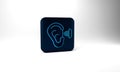 Blue Earplugs and ear icon isolated on grey background. Ear plug sign. Noise symbol. Sleeping quality concept. Blue