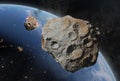 Blue Earth and asteroids in the space. View of planet Earth from space. Elements of this image furnished by NASA, 3d animation