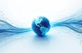 Blue earth globe map sits center on white bright background. Digital data light waves flow around planet showing global network Royalty Free Stock Photo