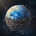Blue Earth half covered with garbage, view from space, highlighting the issue of global pollution