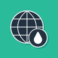 Blue Earth planet in water drop icon isolated on green background. World globe. Saving water and world environmental Royalty Free Stock Photo