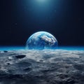 Blue earth seen from the moon surface created with Generative AI. Stars in the universe. Royalty Free Stock Photo