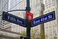 Blue East 41st Street and Fifth Avenue historic sign in midtown Manhattan