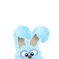 Blue Easter bunny is hiding beneath. Fluffy rabbit. Vector illustration with copyspace.