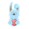 Blue Easter bunny is holding painted and decorated egg. Fluffy rabbit isolated on the white background. Royalty Free Stock Photo