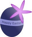 Blue Easter egg with spring flower and label Happy Easter