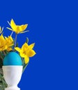 Blue easter egg and yellow tulips Royalty Free Stock Photo