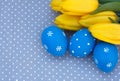 Blue easter egg with yellow tulips Royalty Free Stock Photo