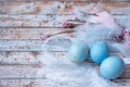 Blue easter eggs with feathers on wooden background. Minimal easter concept. Royalty Free Stock Photo