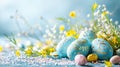 Blue Easter Eggs with Golden Decor and Blossoms on Festive Background