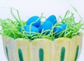 Blue Easter Eggs on Lime Green Nest in yellow bowl