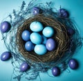 blue blue easter eggs nest on flat, Royalty Free Stock Photo