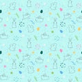 Blue Easter pattern with cute outline bunnies, painted eggs and plants. Royalty Free Stock Photo