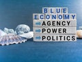 Blue economy agency power politics text on wooden blocks background. Business Concept. Stock photo.