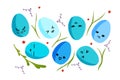 Blue easter eggs with anime style emotions with green branches.