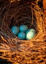 Blue eggs of an Eastern bluebird Sialia sialis nest Royalty Free Stock Photo