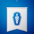 Blue Egypt mummy in sarcophagus icon isolated on blue background. White pennant template. Vector