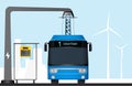 Blue electric bus is charged by pantograph.