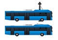 Blue electric bus with pantograph.