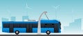 Blue electric bus at a stop is charged by pantograph.