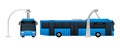 Blue electric bus at a stop is charged by pantograph.