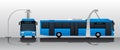 Blue electric bus at a stop is charged by pantograph.