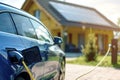 Blue Electric Car Charging at Solar-Powered Home