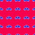 Blue Electric car and electrical cable plug charging icon isolated seamless pattern on red background. Renewable eco Royalty Free Stock Photo