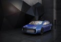 Blue electric car in front of geometric object background.