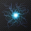 Blue Electric flash of lightning on a dark transparent background. Vector circle lightning or electricity blast storm or Royalty Free Stock Photo