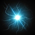 Blue Electric flash of lightning on a dark transparent background. Vector