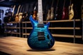 Blue electric guitar in musical studio on wooden surface. Generative AI Royalty Free Stock Photo