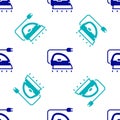 Blue Electric iron icon isolated seamless pattern on white background. Steam iron. Vector Royalty Free Stock Photo