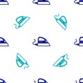 Blue Electric iron icon isolated seamless pattern on white background. Steam iron. Vector Royalty Free Stock Photo