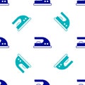Blue Electric iron icon isolated seamless pattern on white background. Steam iron. Vector Royalty Free Stock Photo