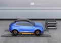 Blue electric SUV car in battery swapping station Royalty Free Stock Photo