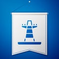 Blue Electric tower used to support an overhead power line icon isolated on blue background. High voltage power pole Royalty Free Stock Photo