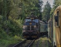 Blue electric train in station Rozmberk nad Vltavou